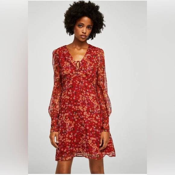 Mango summer red flowers dress - Picture 1 of 7